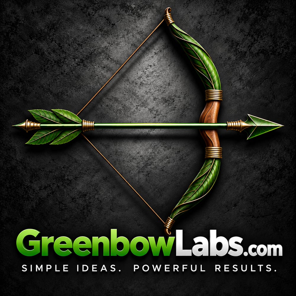 Greenbow Labs — a green bow and arrow above the words GreenbowLabs.com and Simple ideas. Powerful results.
